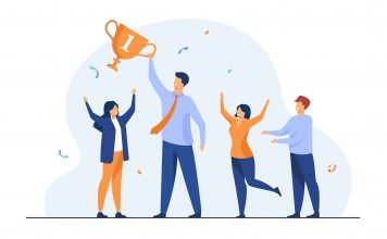 Teamwork and team success concept. Best employees winning cup, celebrating victory. Flat vector illustration for leadership and career achievement topics